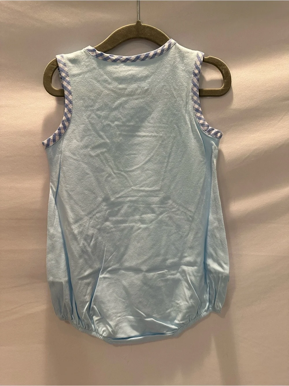 Light Blue Tank Romper with Gingham Pocket & Shovel Applique